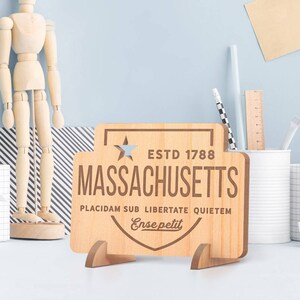 Engraved Wood Card, Custom Massachusetts Home Decor, Personalized Massachusetts with ESTD Wooden Gift Card, Monogram Wooden State Cards