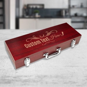 Personalized BBQ Grill Tool Kit Set With Wood Case, Custom Bamboo BBQ Grilling Tool Box Set, Custom Monogram Kitchen Cooking Gift for Chefs