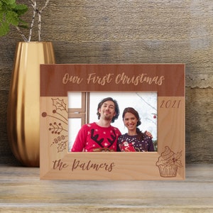 Personalized Family Picture Frame, Custom Couple Photo Frame, Wooden Frame, First Christmas Gift Idea, Engraved Picture Frame, Holiday Gift
