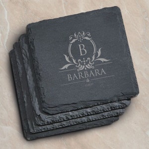 Custom Coaster Set, Monogrammed Coasters, Custom Slate Coasters Set of 4, Personalized Table Coasters, Custom Stone Coasters, Engraved Gifts