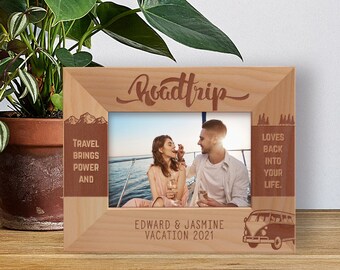 Personalized Vacation Photo Frame, Custom Road Trip Photo Frame, Wooden Photo Frame, Engraved Travel Brings Power Photo Frame, Holiday Gift