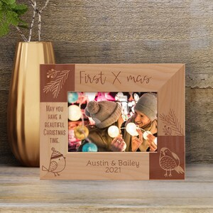 Personalized Christmas Picture Frame, Custom Photo Frame, Wooden Frame, Gift Ideas For First Xmass, Engraved Picture Frame, Gift For Couples