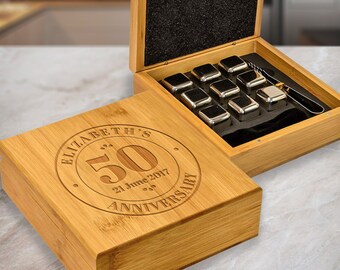 Custom Anniversary Whiskey Stones Set, Engraved Stainless Steel Whiskey Stones in Bamboo Case, Personalized Steel Stones in Bamboo Box