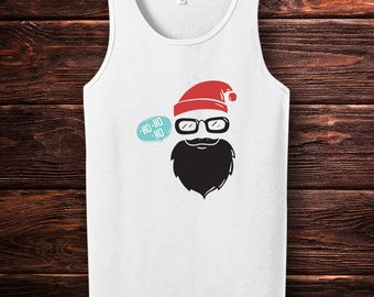 May include: White tank top with a black and white illustration of a Santa Claus face with a red hat, glasses, and a beard. The text "Ho-Ho-Ho" is in a speech bubble above the face.