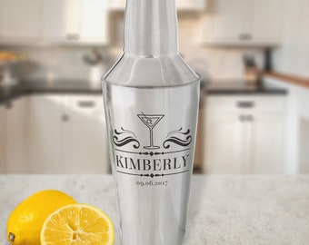 Custom Engraved Cocktail Shaker, Personalized Stainless Steel Martini Bar Shaker Set, Customized Drink Mixing Bartender Gifts