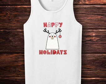 May include: White tank top with a red and white reindeer illustration and the text "Happy Holidays".