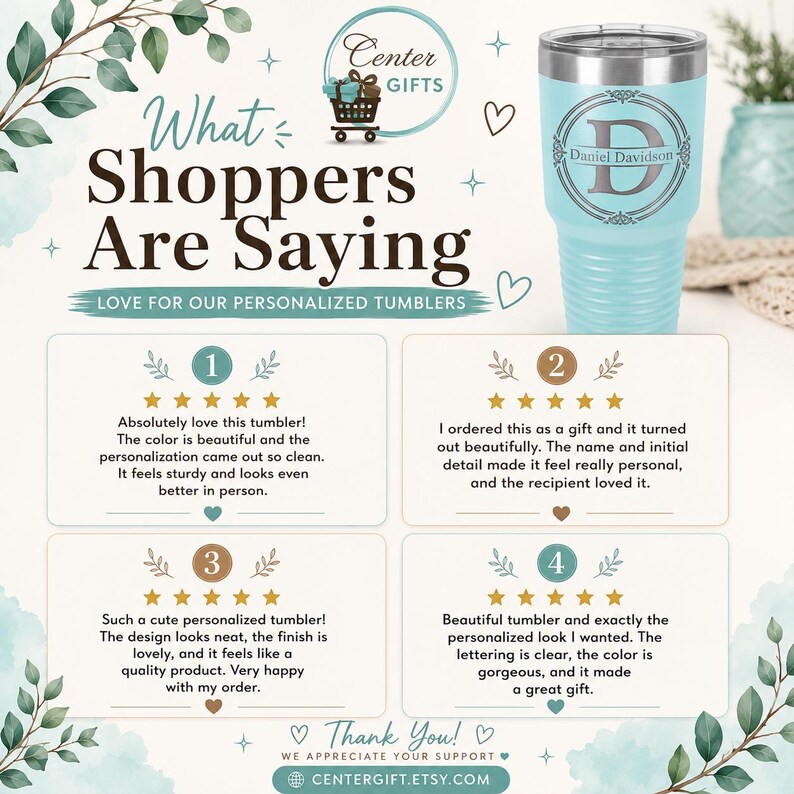 May include: A light blue stainless steel tumbler with a silver lid, featuring a circular monogram with the letter D and the name Daniel Davidson. The image displays four customer reviews with five-star ratings and the text Center Gifts.