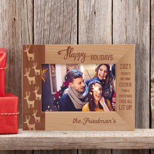 Custom Christmas Picture Frame, Personalized Happy Holidays Photo Frame, Engraved Family Photo Frame, Wooden Photo Frame, Family Gifts Ideas