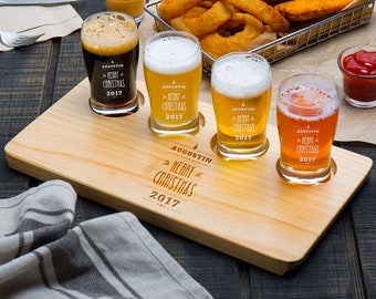 Personalized Beer Flight Set, Customized Beer Flight Paddle, Engraved Wooden Board & Wine Glass, Etched Sampler Glass Set Christmas Gift