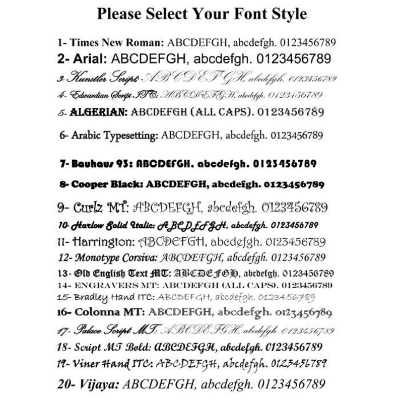 May include: A black and white font selection chart titled Please Select Your Font Style, listing twenty numbered typeface options from Times New Roman to Vijaya, each displaying uppercase letters, lowercase letters, and numerals zero through nine.