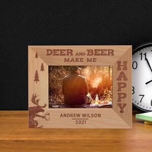 Custom Hunting Picture Frame, Personalized Deer And Beer Photo Frame, Engraved Picture Frame, Wooden Picture Frame, Gift Ideas for Friends