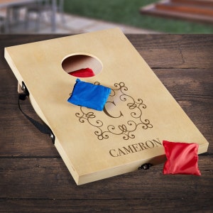 Personalized Mini Bean Bag Cornhole Game - Custom Name/Initial Light Brown Wooden Board for Bean Bag Toss Game - Best Outdoor Games