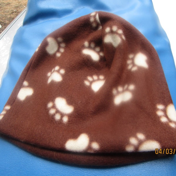 Fleece beanie winter hats, pawprint, wolf print, red, peace sign fabric