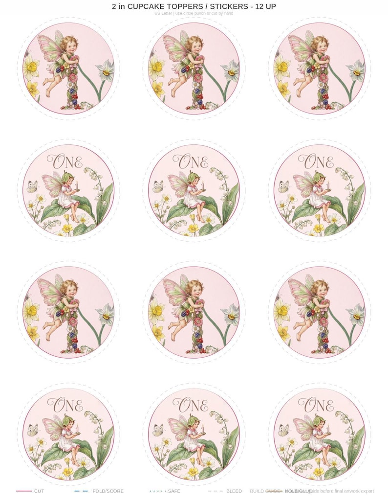 Fairy First Birthday Cupcake Toppers, Printable Party Circles (Digital Download) image 2