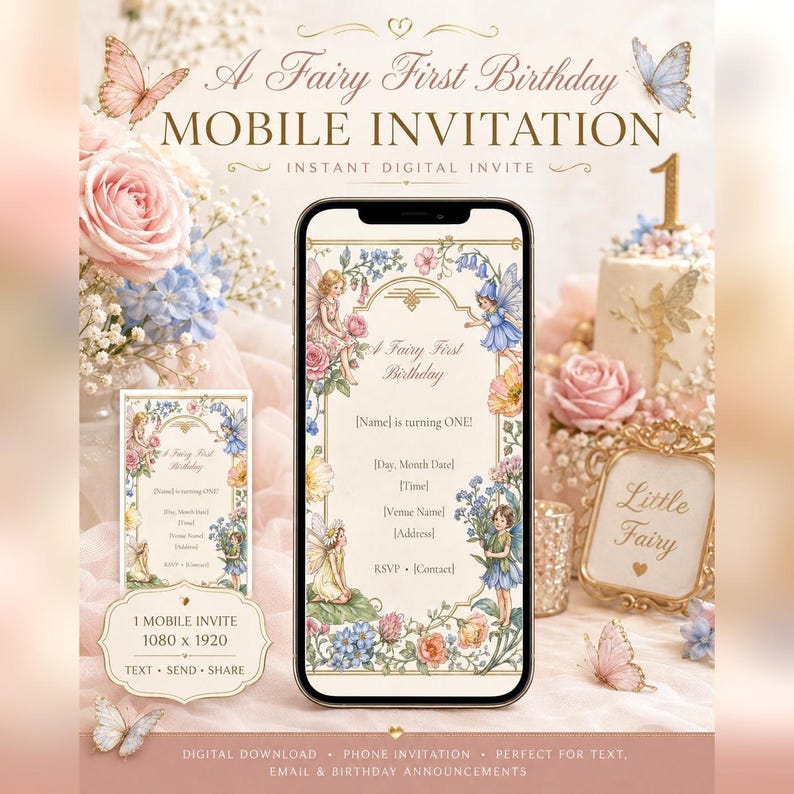 Invitación móvil para el primer cumpleaños con temática de hadas, invitación digital editable (1080 x 1920) imagen 1