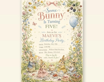 Einladungskarte für eine Hasengeburtstagsfeier, bearbeitbare Aquarell-Gartenparty-Vorlage, Canva + PDF-Download