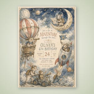 May include: A watercolor birthday invitation featuring space-themed illustrations of rabbits and mice in a hot air balloon, rocket, and moon. Text reads: Join us for an ADVENTURE through the stars to celebrate OLIVER'S 6TH BIRTHDAY, SATURDAY MAY 24, 2:00 PM.