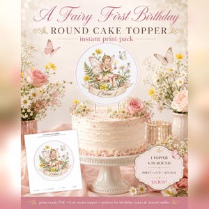 Fairy First Birthday Round Cake Topper, Editable Name (Digital Download) image 1