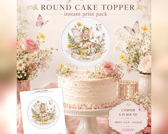 Fairy First Birthday Round Cake Topper, Editable Name (Digital Download)