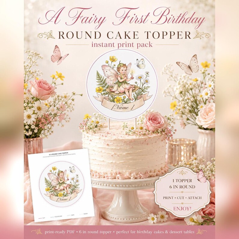 Fairy First Birthday Round Cake Topper, Editable Name (Digital Download) image 1
