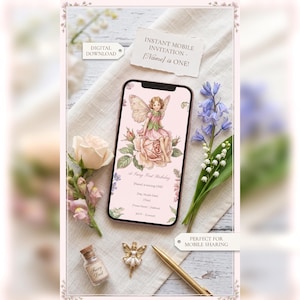 Fairy First Birthday Invitation, Mobile Evite, Rose Fairy Design (Digital Download) image 1