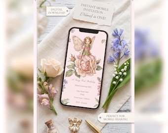 Fairy First Birthday Invitation, Mobile Evite, Rose Fairy Design (Digital Download)