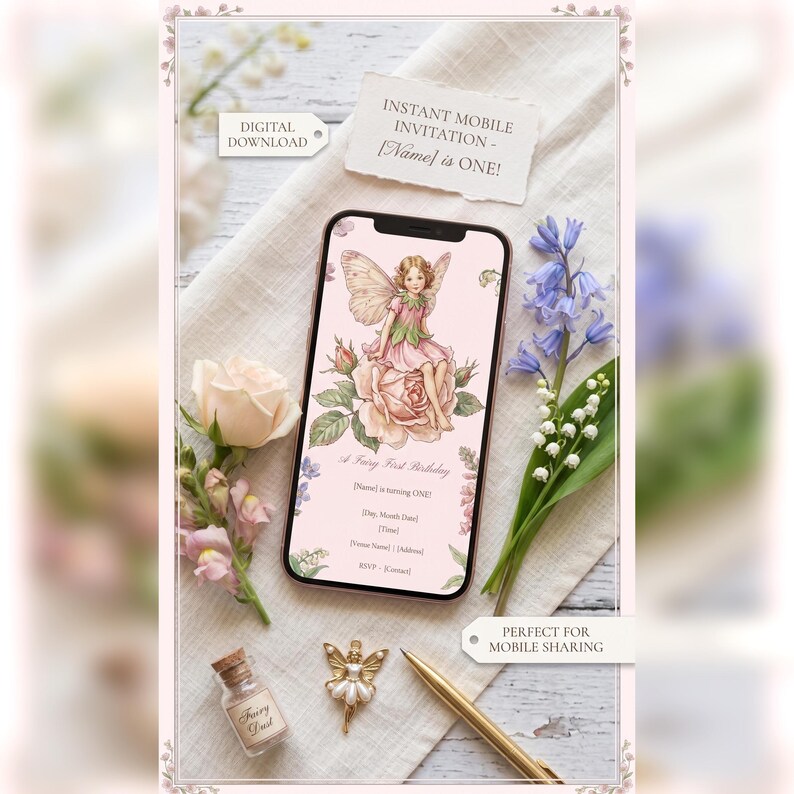 Fairy First Birthday Invitation, Mobile Evite, Rose Fairy Design (Digital Download) image 1