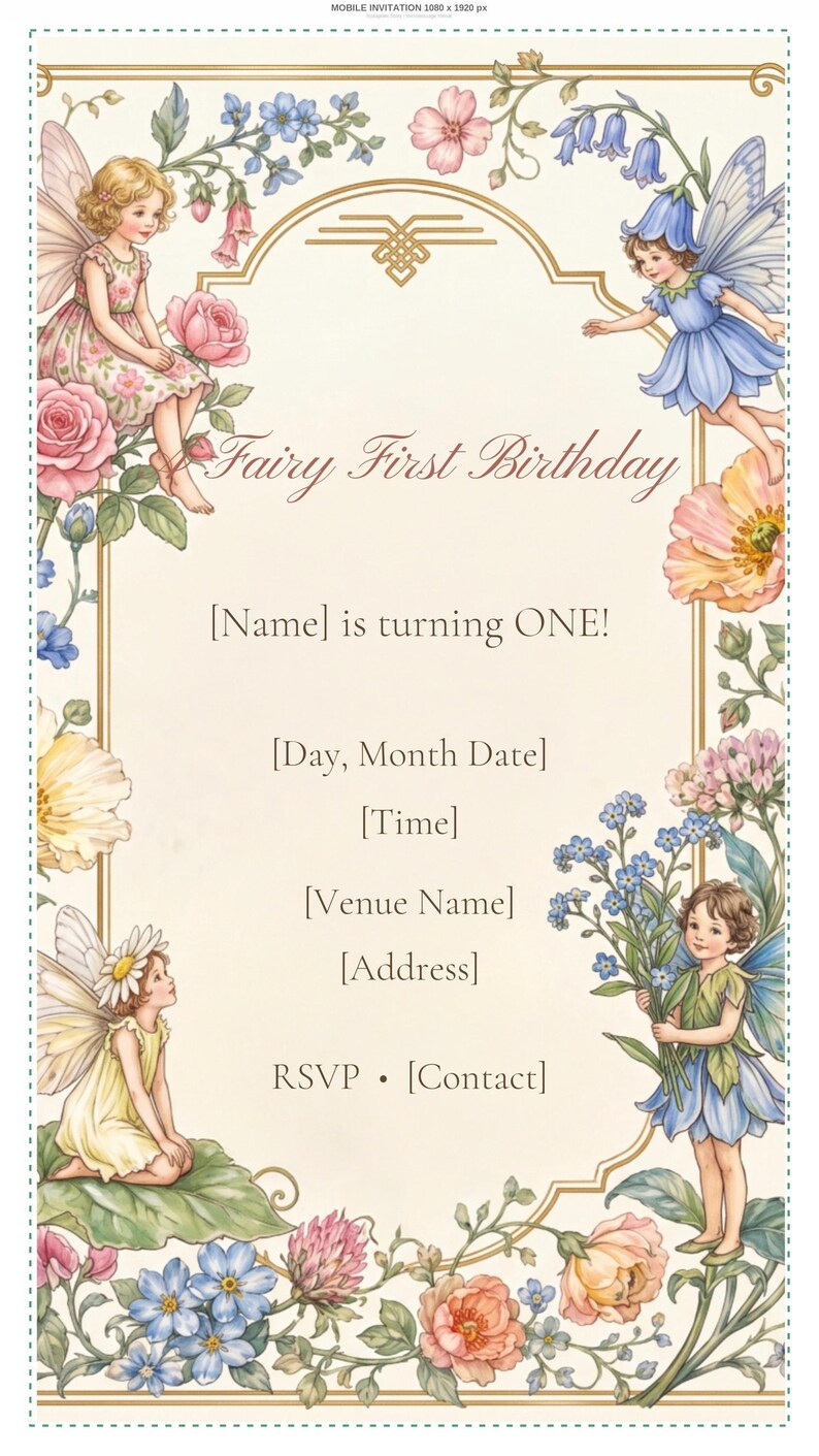 Invitación móvil para el primer cumpleaños con temática de hadas, invitación digital editable (1080 x 1920) imagen 2