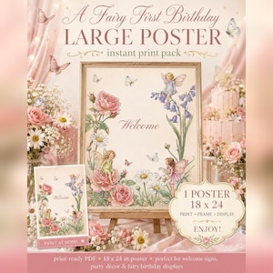 Willkommensposter zum ersten Geburtstag mit Feenmotiv, bearbeitbare florale Feengrafik (18x24) Bild 1