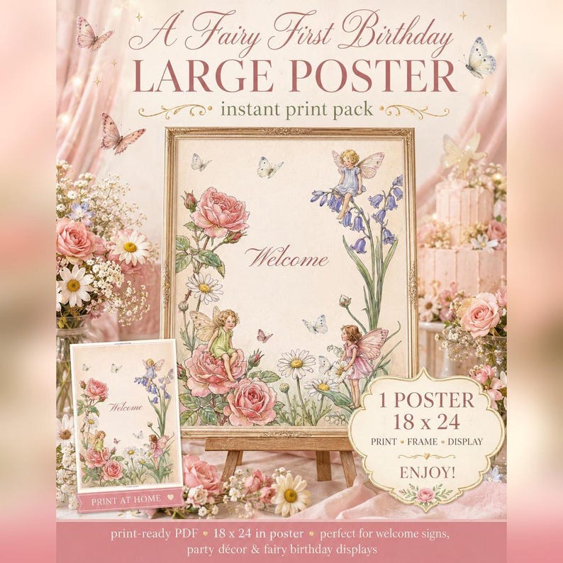 Willkommensposter zum ersten Geburtstag mit Feenmotiv, bearbeitbare florale Feengrafik (18x24) Bild 1