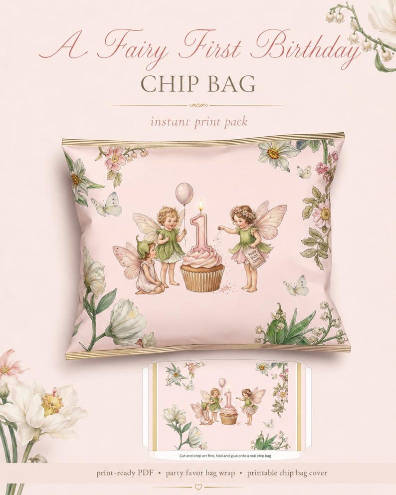 Fairy 1st Birthday Party Print Pack, Treat Bag Toppers, Wrappers, Banner (Digital Download) image 7