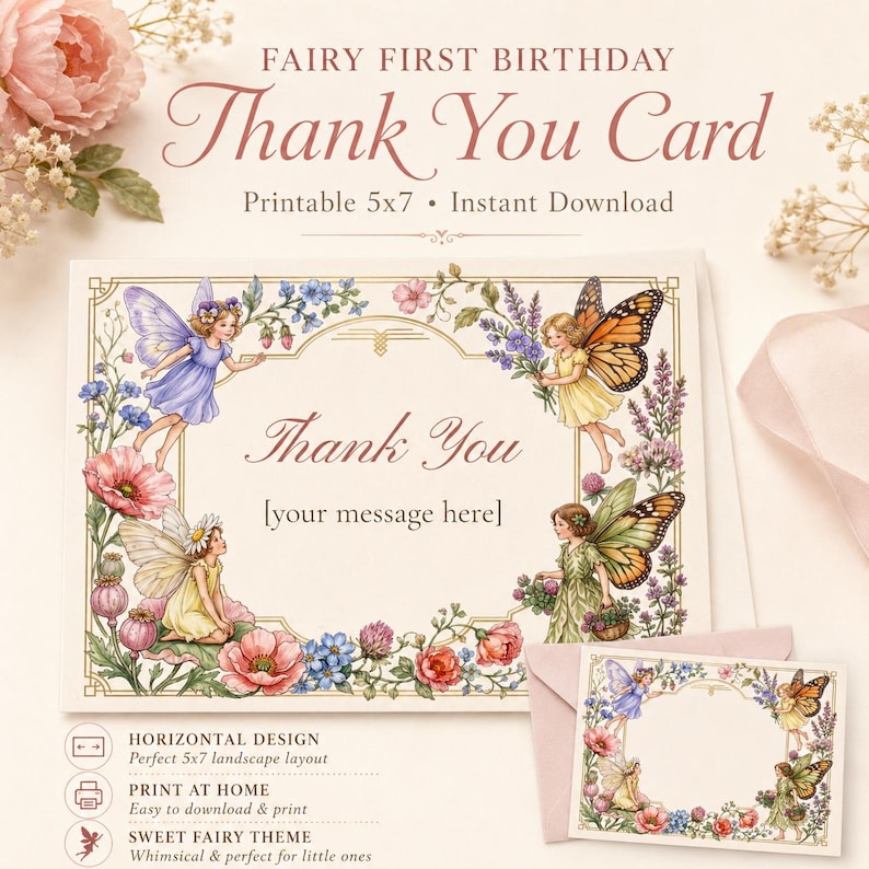 Fairy First Birthday Thank You Card, Editable Whimsical Floral (Instant Download) image 1