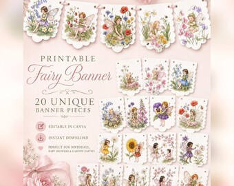 Printable Fairy Birthday Banner, Editable Canva Bunting Garland (Instant Download)