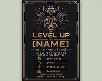 Futuristische Raketen-Geburtstagseinladung, Level Up Party-Einladung (Digitaler Download)