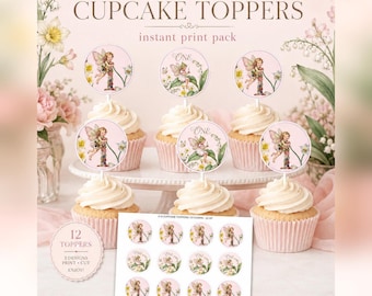 Fairy First Birthday Cupcake Toppers, Printable Party Circles (Digital Download)