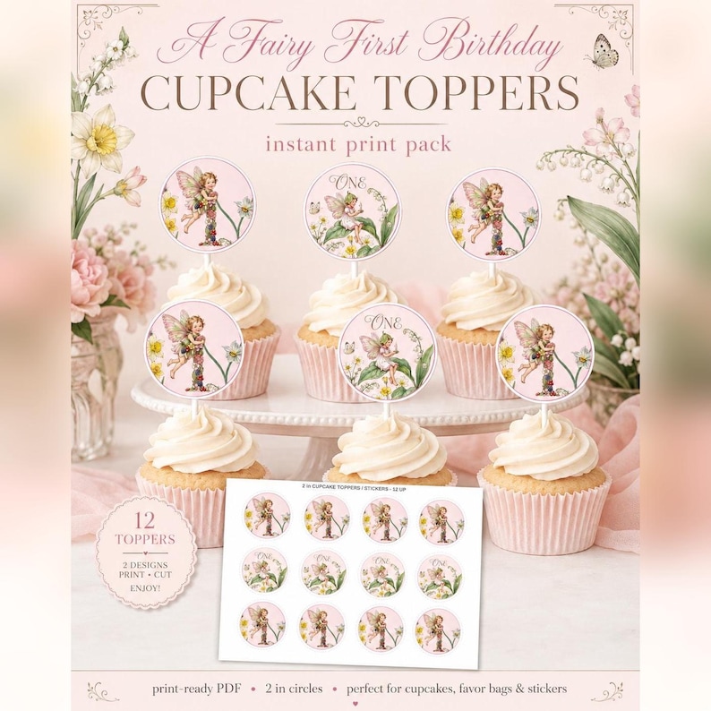 Fairy First Birthday Cupcake Toppers, Printable Party Circles (Digital Download) image 1