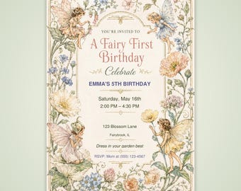 Fairy First Birthday Invitation, Editable Watercolor Garden Template, Canva + PDF Download
