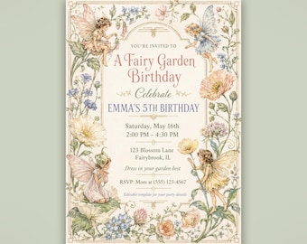 Geburtstagseinladung im Feengarten-Stil, Vintage-Aquarell-Vorlage (Canva + PDF)