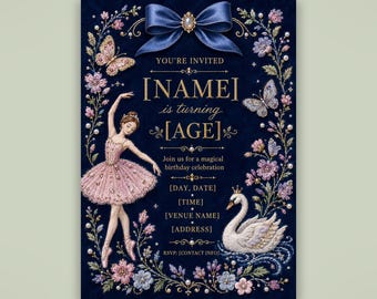 Invitation d'anniversaire ballerine, modèle de fête sur le thème du ballet des cygnes, invitation pour fille en tutu rose (téléchargement numérique)