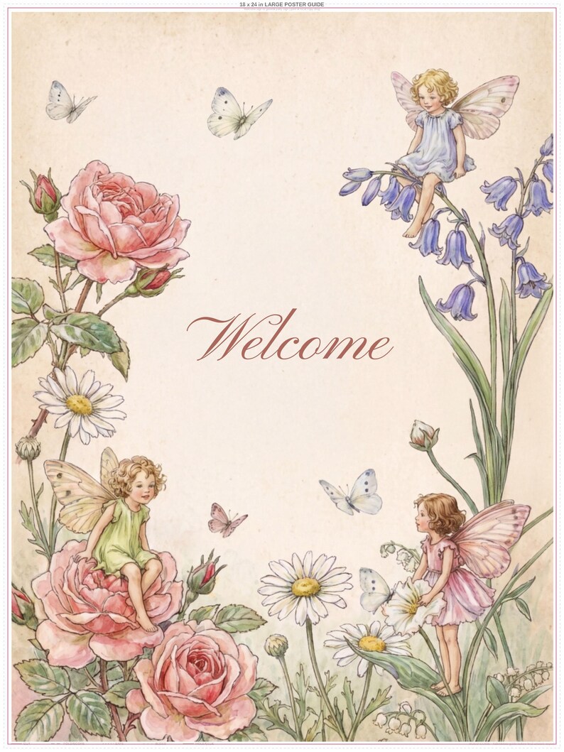 Willkommensposter zum ersten Geburtstag mit Feenmotiv, bearbeitbare florale Feengrafik (18x24) Bild 2