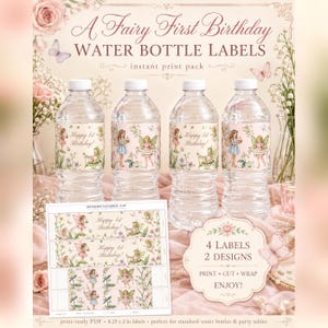 Feenhafte Wasserflaschenetiketten für den ersten Geburtstag, personalisierbare Party-Etiketten (Sofort-Download) Bild 1