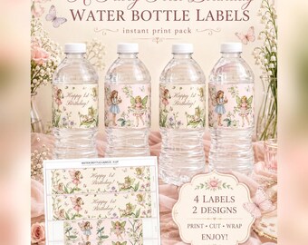 Fairy First Birthday Water Bottle Labels, Editable Party Wraps (Instant Download)