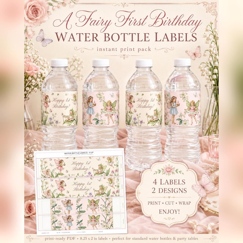 Feenhafte Wasserflaschenetiketten für den ersten Geburtstag, personalisierbare Party-Etiketten (Sofort-Download) Bild 1