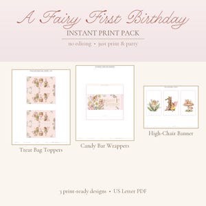 Fairy 1st Birthday Party Print Pack, Treat Bag Toppers, Wrappers, Banner (Digital Download) image 1
