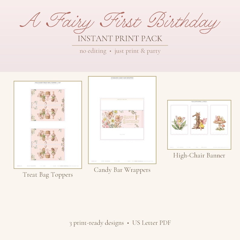 Fairy 1st Birthday Party Print Pack, Treat Bag Toppers, Wrappers, Banner (Digital Download) image 1