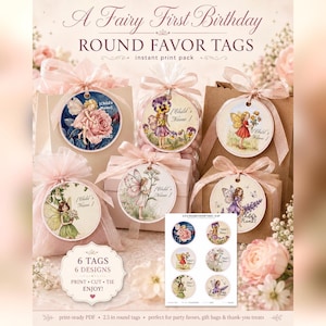 Editable Fairy Favor Tags, First Birthday Round Gift Tags (Instant Download) image 1