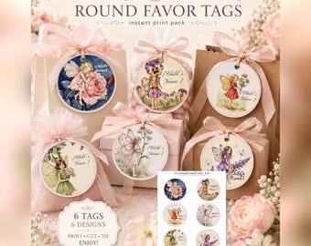 Editable Fairy Favor Tags, First Birthday Round Gift Tags (Instant Download)