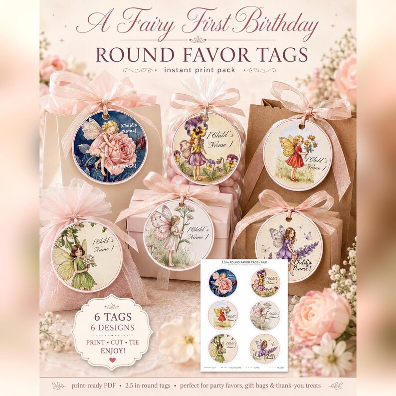 Editable Fairy Favor Tags, First Birthday Round Gift Tags (Instant Download) image 1