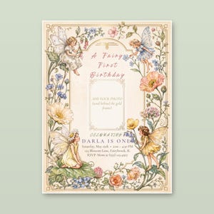 Vintage Fairy First Birthday Invitation with Photo (Canva Download) image 1
