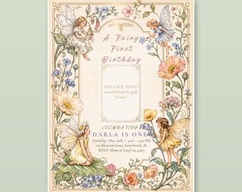 Vintage Fairy First Birthday Invitation with Photo (Canva Download)